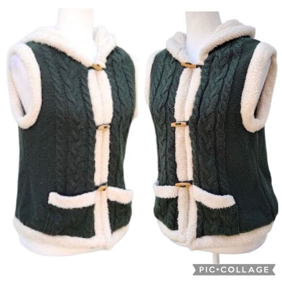Carducci Cable Knit Green Vest Cream Faux Fur Trim Lined Hood Women’s Size Large - Picture 4 of 11